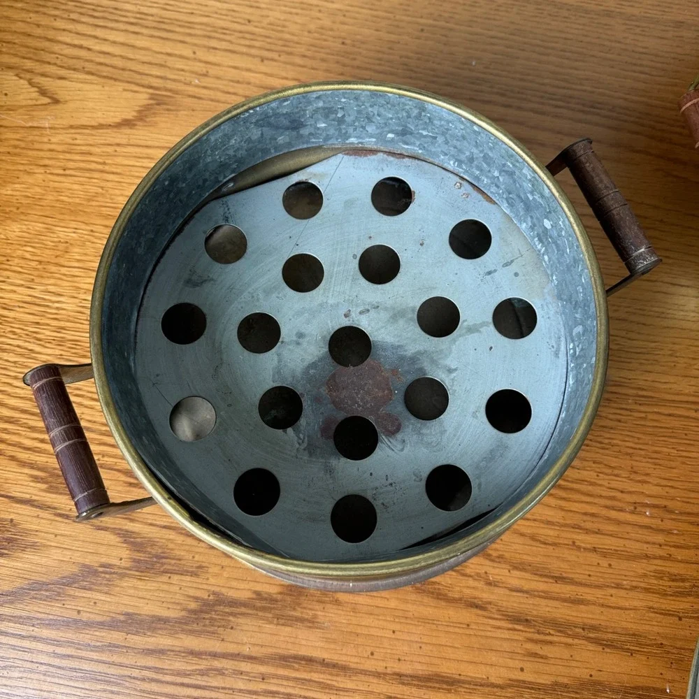 Vintage Tibetan Brass Hot Pot Stove Wooden Handles Fondue Soup‎ Warmer Steamer